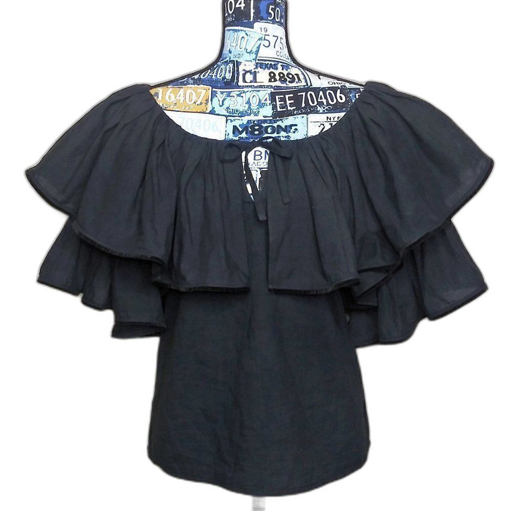 RHODE RESORT Blanca Off Shoulder Tiered Ruffle Top Cotton-Voile Neck Tie Black - Picture 2 of 12